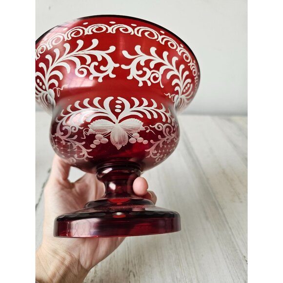 Egermann Ruby red Bohemian cut base pedestal vintage flower cranberry glass - Picture 6 of 8